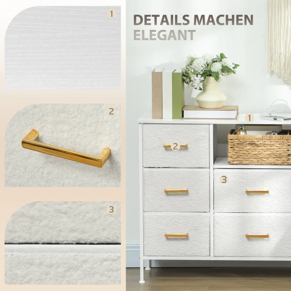 Ladekast, opbergkast met 8 stoffen laden, stekkerdoos, stalen frame, ladekast voor hal, slaapkamer, woonkamer en kantoor, crème wit 6