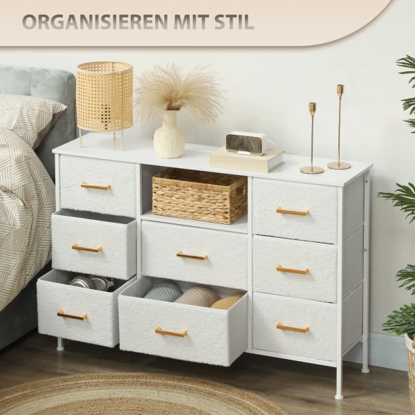 Ladekast, opbergkast met 8 stoffen laden, stekkerdoos, stalen frame, ladekast voor hal, slaapkamer, woonkamer en kantoor, crème wit 7
