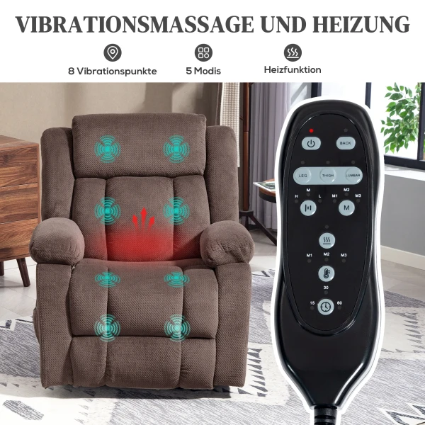 Massagestoel, 8 vibratiepunten, 5 modi, lendenverwarming, verstelbaar, draaibaar, gestoffeerde stoel, bruin 5