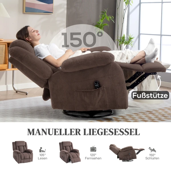 Massagestoel, 8 vibratiepunten, 5 modi, lendenverwarming, verstelbaar, draaibaar, gestoffeerde stoel, bruin 6