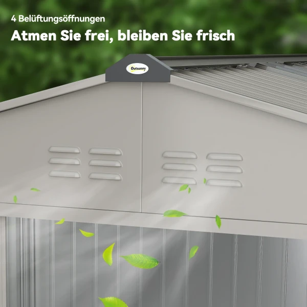 Metalen tuinschuur met schuifdeuren en ventilatieramen, 277 x 195 x 192 cm, grijs 10