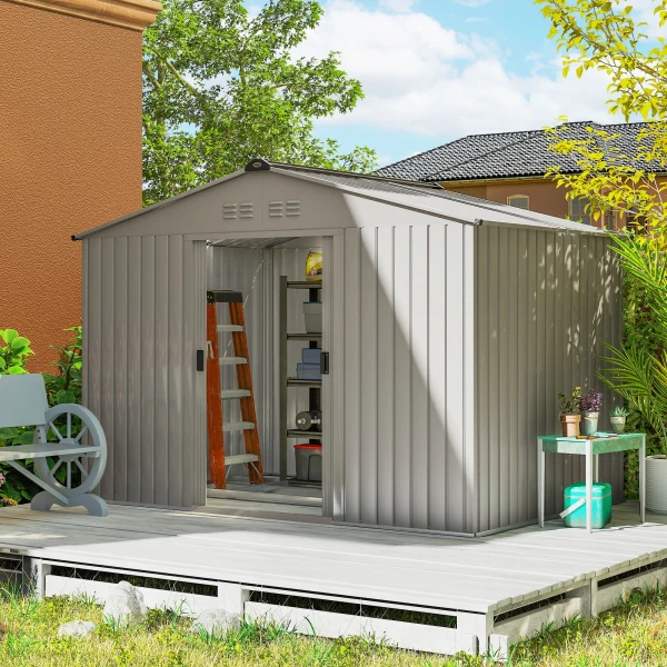 Metalen tuinschuur met schuifdeuren en ventilatieramen, 277 x 195 x 192 cm, grijs 2