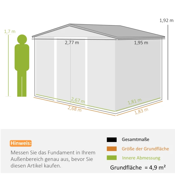 Metalen tuinschuur met schuifdeuren en ventilatieramen, 277 x 195 x 192 cm, grijs 4
