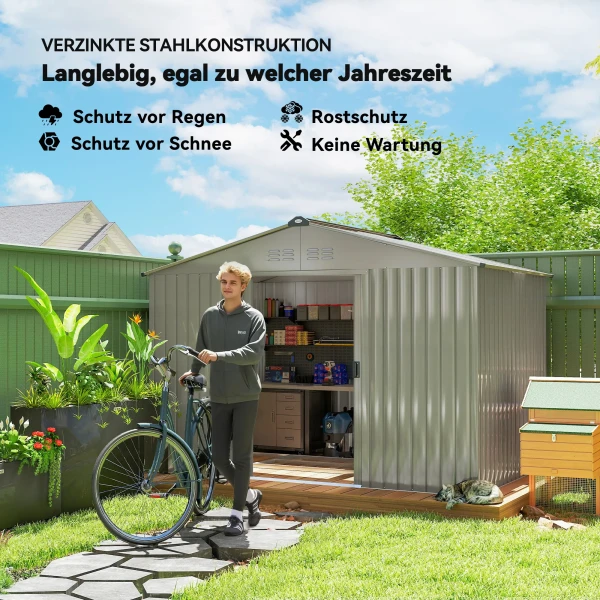 Metalen tuinschuur met schuifdeuren en ventilatieramen, 277 x 195 x 192 cm, grijs 6