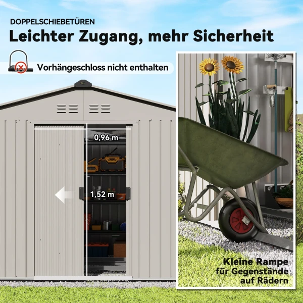 Metalen tuinschuur met schuifdeuren en ventilatieramen, 277 x 195 x 192 cm, grijs 7