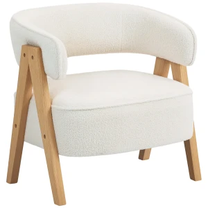Moderne gestoffeerde stoel, fleece bekleding, accentstoel, fauteuil met houten poten, metalen frame, wit 1