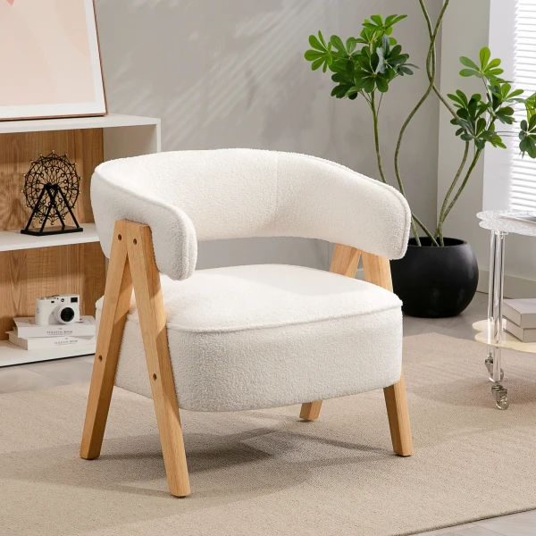 Moderne gestoffeerde stoel, fleece bekleding, accentstoel, fauteuil met houten poten, metalen frame, wit 2