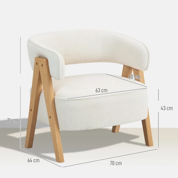 Moderne gestoffeerde stoel, fleece bekleding, accentstoel, fauteuil met houten poten, metalen frame, wit 4