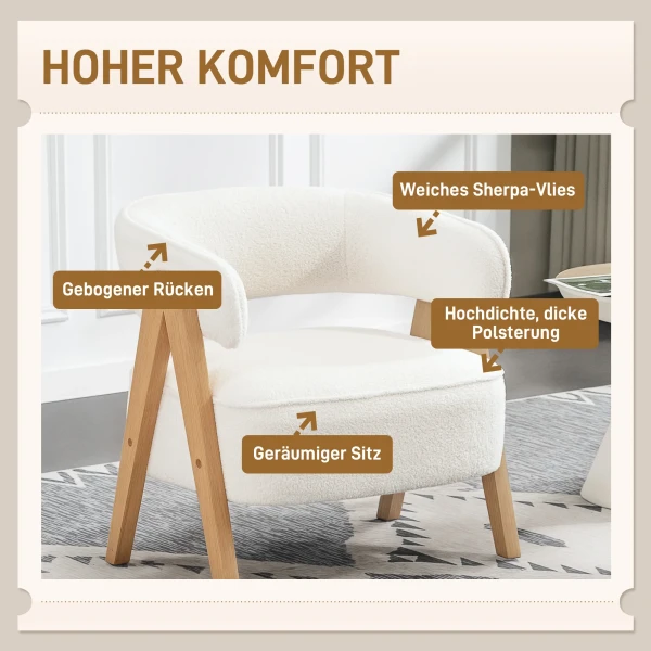 Moderne gestoffeerde stoel, fleece bekleding, accentstoel, fauteuil met houten poten, metalen frame, wit 5