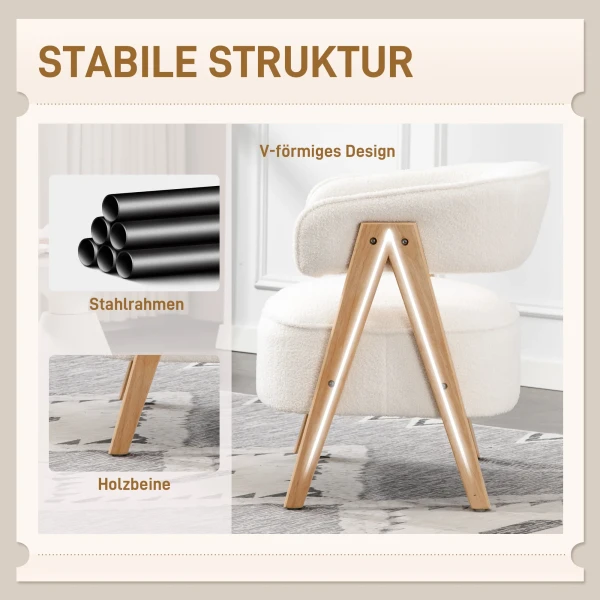 Moderne gestoffeerde stoel, fleece bekleding, accentstoel, fauteuil met houten poten, metalen frame, wit 6