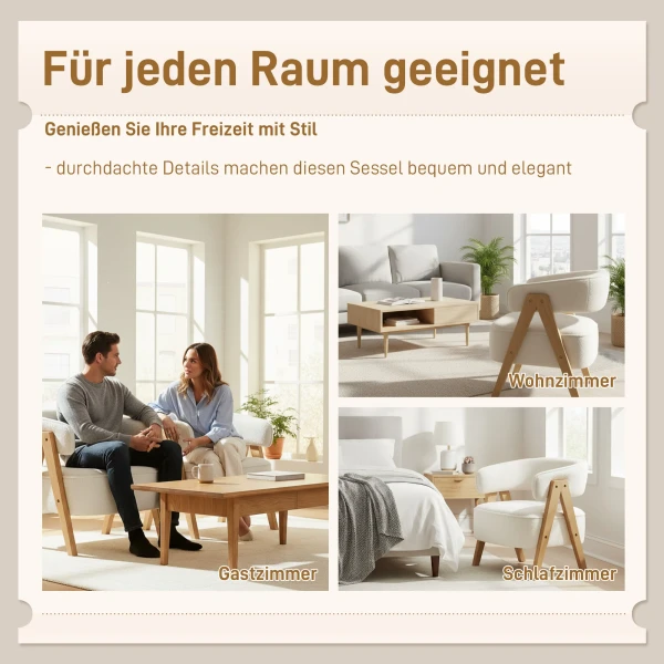 Moderne gestoffeerde stoel, fleece bekleding, accentstoel, fauteuil met houten poten, metalen frame, wit 7