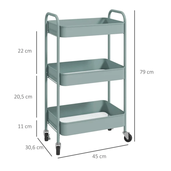 Multifunctionele trolley keukentrolley, 3 planken, 4 wielen, 45 cm x 30,6 cm x 79 cm, lichtblauw 4