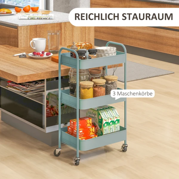 Multifunctionele trolley keukentrolley, 3 planken, 4 wielen, 45 cm x 30,6 cm x 79 cm, lichtblauw 5