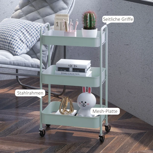 Multifunctionele trolley keukentrolley, 3 planken, 4 wielen, 45 cm x 30,6 cm x 79 cm, lichtblauw 7
