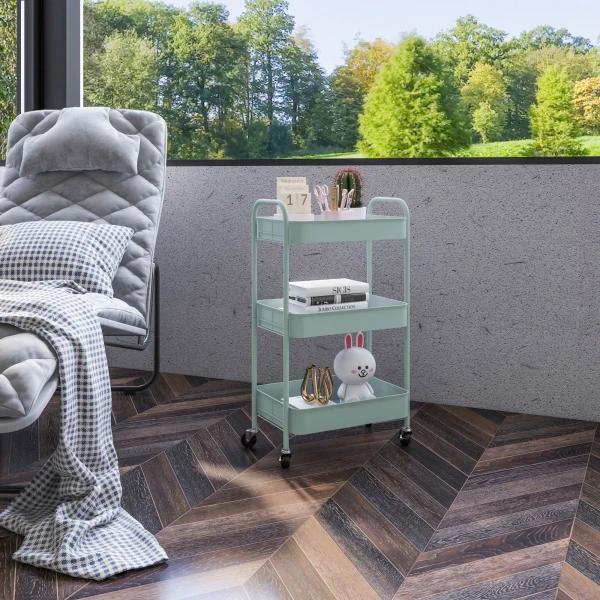 Multifunctionele trolley keukentrolley, 3 planken, 4 wielen, 45 cm x 30,6 cm x 79 cm, lichtblauw 8