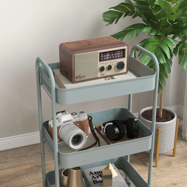 Multifunctionele trolley keukentrolley, 3 planken, 4 wielen, 45 cm x 30,6 cm x 79 cm, lichtblauw 9