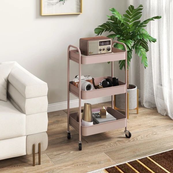 Multifunctionele trolley keukentrolley, 3 planken, 4 wielen, 45 cm x 30,6 cm x 79 cm, roze 2
