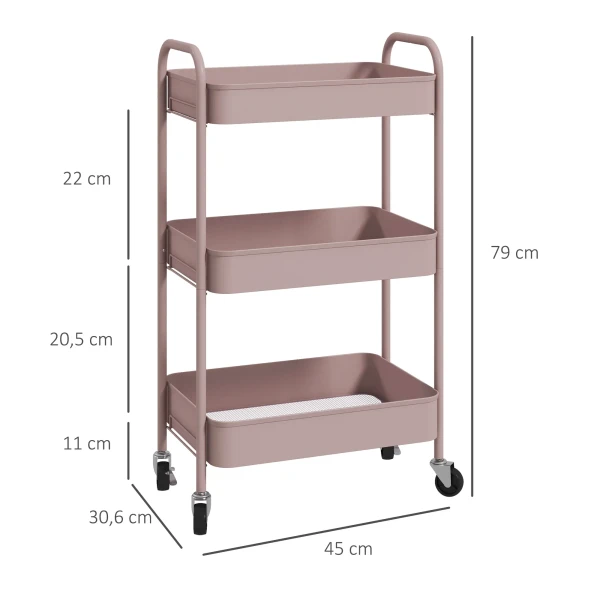 Multifunctionele trolley keukentrolley, 3 planken, 4 wielen, 45 cm x 30,6 cm x 79 cm, roze 4
