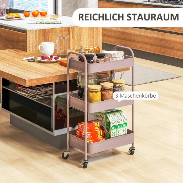 Multifunctionele trolley keukentrolley, 3 planken, 4 wielen, 45 cm x 30,6 cm x 79 cm, roze 5