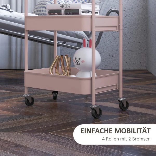Multifunctionele trolley keukentrolley, 3 planken, 4 wielen, 45 cm x 30,6 cm x 79 cm, roze 6