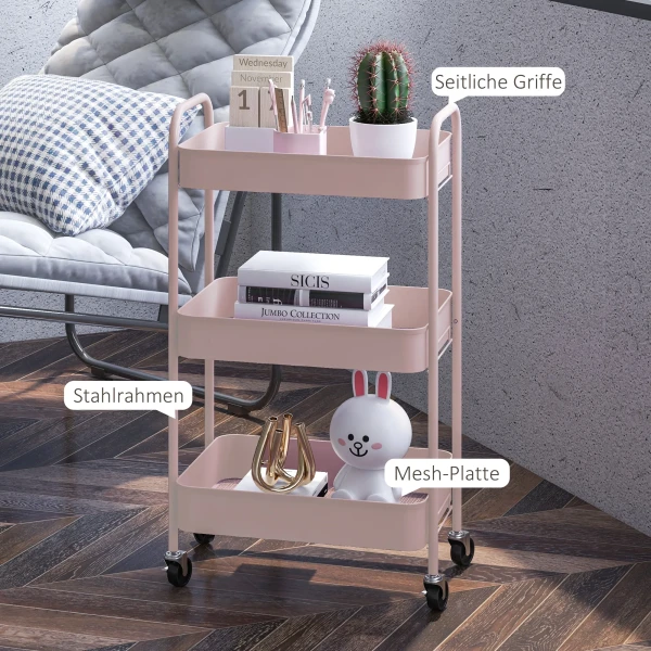 Multifunctionele trolley keukentrolley, 3 planken, 4 wielen, 45 cm x 30,6 cm x 79 cm, roze 7