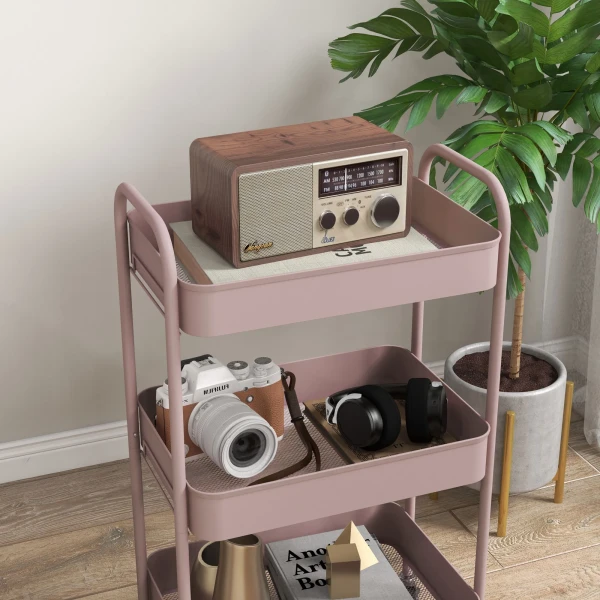Multifunctionele trolley keukentrolley, 3 planken, 4 wielen, 45 cm x 30,6 cm x 79 cm, roze 9