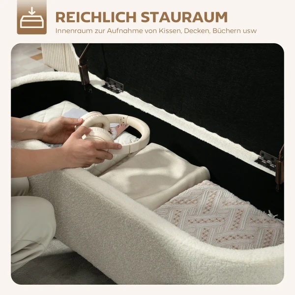 Opbergkruk, zitkruk met deksel en opbergruimte, stalen poten, gestoffeerde kruk met fleece hoes, crèmewit 5