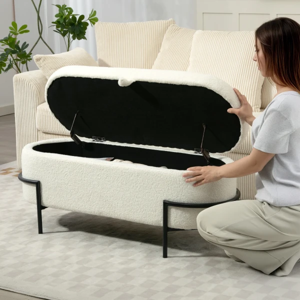 Opbergkruk, zitkruk met deksel en opbergruimte, stalen poten, gestoffeerde kruk met fleece hoes, crèmewit 9