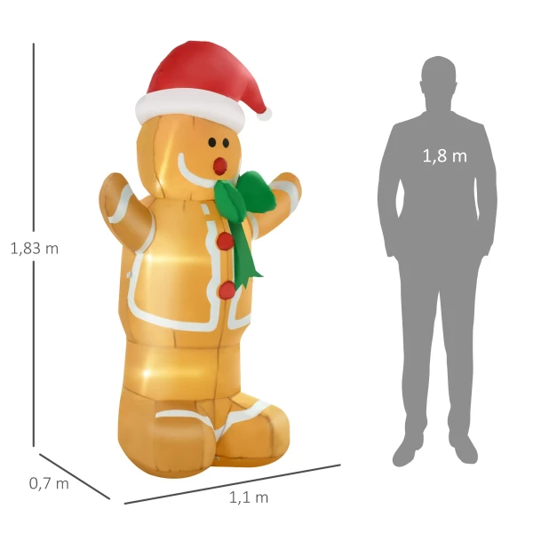 Opblaasbare kerstdecoratie 1,83 m gemberkoekman met strik, 3 leds, intern blaasapparaat tuindecoratie 4