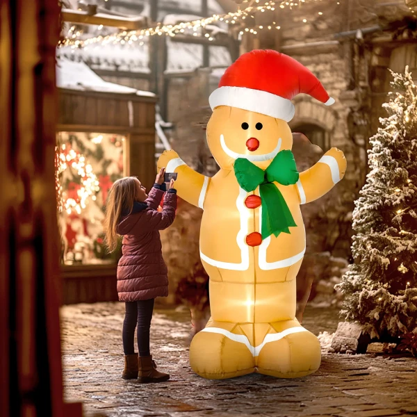 Opblaasbare kerstdecoratie 1,83 m gemberkoekman met strik, 3 leds, intern blaasapparaat tuindecoratie 9