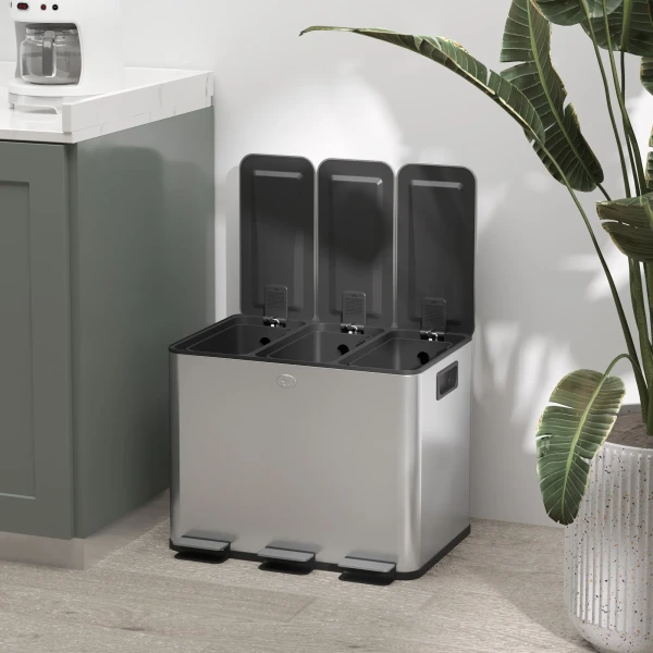 Prullenbak met 3 x 20 l compartimenten, deodorant deksel, vingerafdrukbestendig, soft close, verwijderbaar, zilver 10