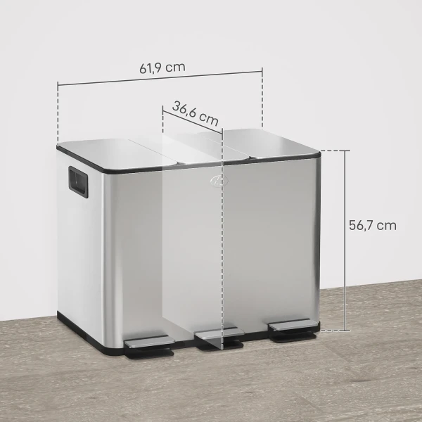 Prullenbak met 3 x 20 l compartimenten, deodorant deksel, vingerafdrukbestendig, soft close, verwijderbaar, zilver 4