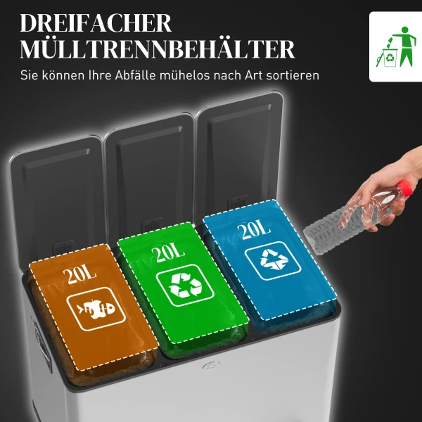 Prullenbak met 3 x 20 l compartimenten, deodorant deksel, vingerafdrukbestendig, soft close, verwijderbaar, zilver 5