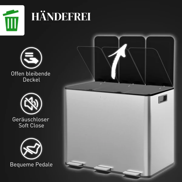 Prullenbak met 3 x 20 l compartimenten, deodorant deksel, vingerafdrukbestendig, soft close, verwijderbaar, zilver 7