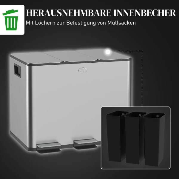 Prullenbak met 3 x 20 l compartimenten, deodorant deksel, vingerafdrukbestendig, soft close, verwijderbaar, zilver 8