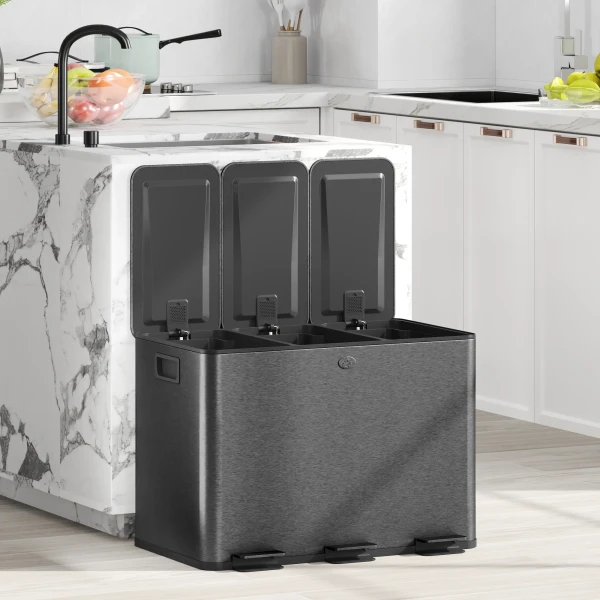 Prullenbak met 3 x 20 l vakken, deodorant deksel, vingerafdrukbestendig, soft close, uitneembaar, zwart 10