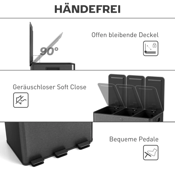 Prullenbak met 3 x 20 l vakken, deodorant deksel, vingerafdrukbestendig, soft close, uitneembaar, zwart 7