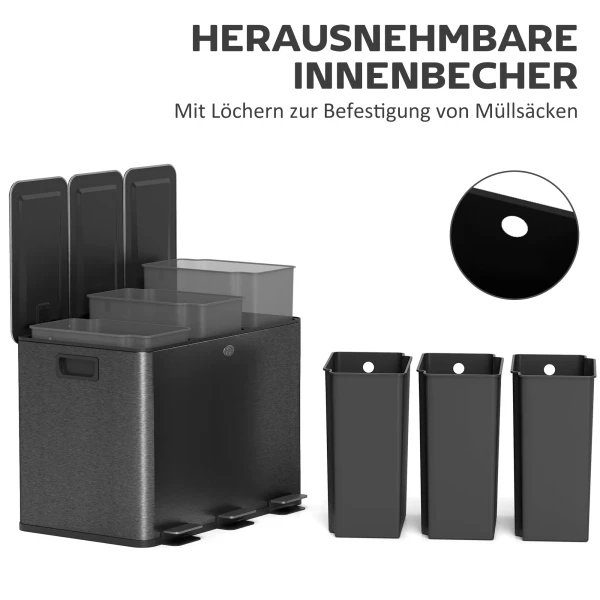 Prullenbak met 3 x 20 l vakken, deodorant deksel, vingerafdrukbestendig, soft close, uitneembaar, zwart 8