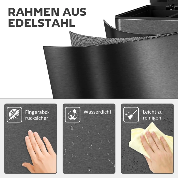 Prullenbak met 3 x 20 l vakken, deodorant deksel, vingerafdrukbestendig, soft close, uitneembaar, zwart 9