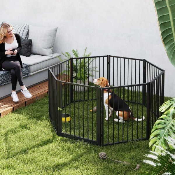 Puppyren, hondenren, puppyverblijf, 8 panelen met deur, opvouwbare en draagbare hondenhek, staal, zwart 2