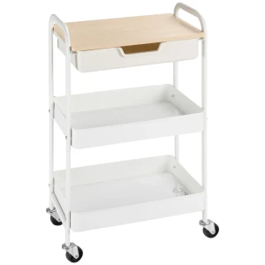 Rolbare keukenwagen, 2 planken, lade, opslag, 4 wielen, handvatten, staal, wit 1