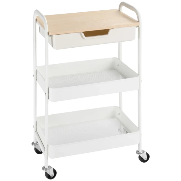 Rolbare keukenwagen, 2 planken, lade, opslag, 4 wielen, handvatten, staal, wit 1
