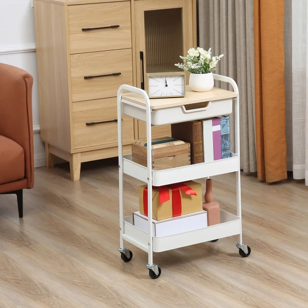 Rolbare keukenwagen, 2 planken, lade, opslag, 4 wielen, handvatten, staal, wit 2