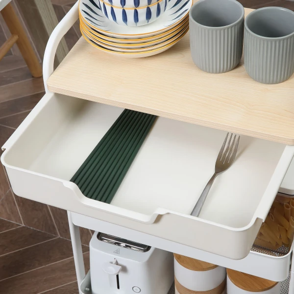 Rolbare keukenwagen, 2 planken, lade, opslag, 4 wielen, handvatten, staal, wit 9