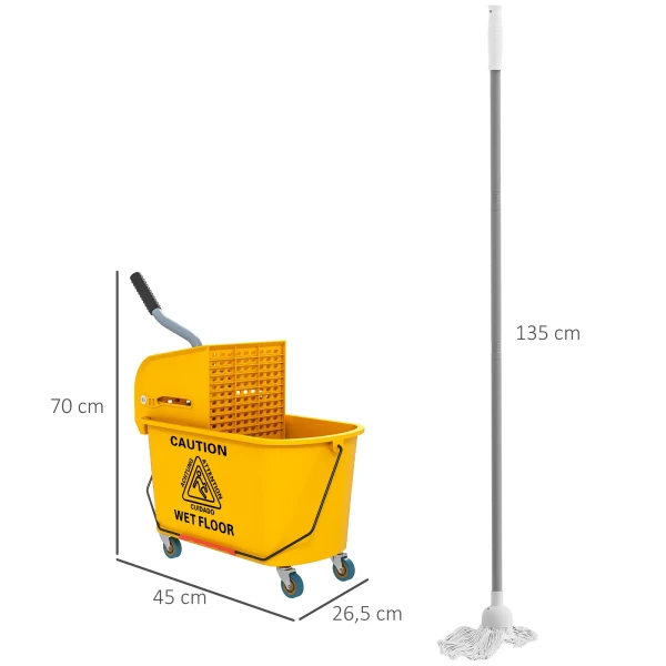 Schoonmaakwagen 20l met pers en veegset, emmer incl. dweil, rol 4