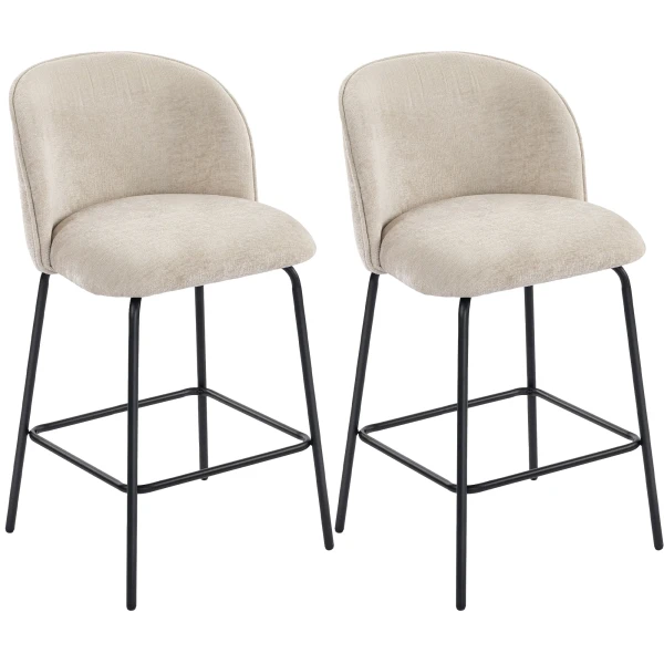 Set van 2 barkrukken met rugleuning en voetensteun, gestoffeerde stoelen met stalen poten voor keukeneiland, eetkamer, beige 1