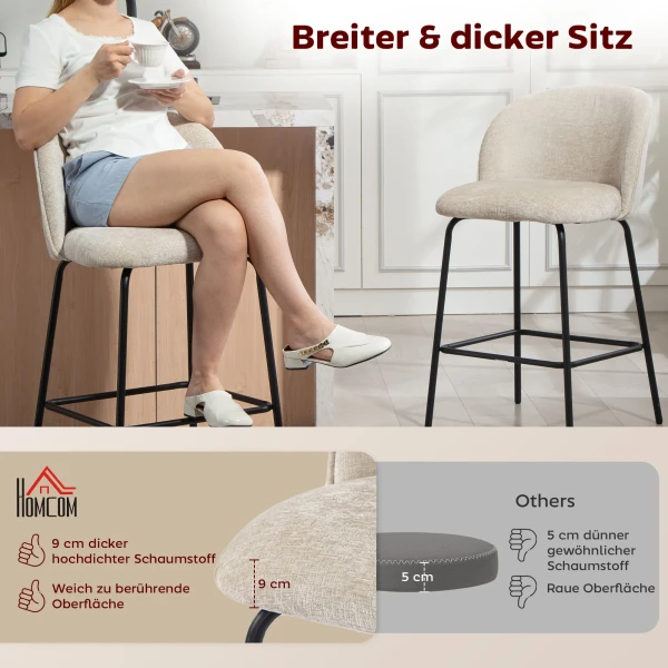 Set van 2 barkrukken met rugleuning en voetensteun, gestoffeerde stoelen met stalen poten voor keukeneiland, eetkamer, beige 5