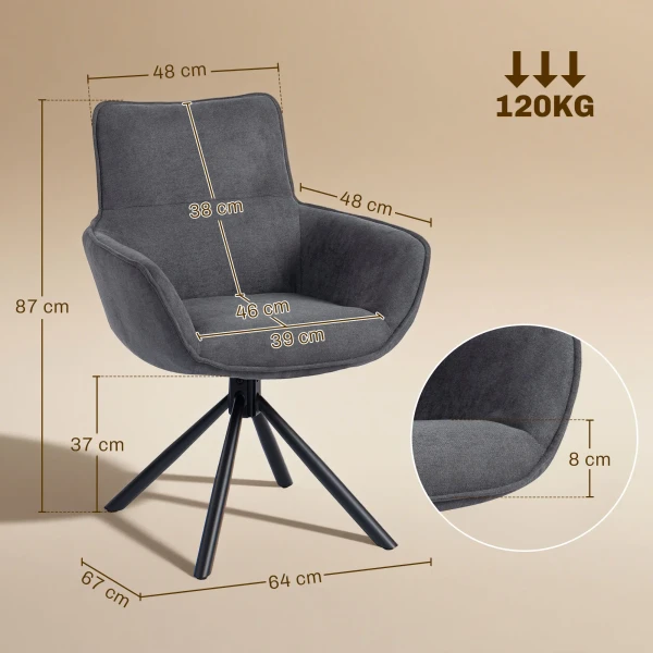 Set van 2 eetkamerstoelen, draaibaar, zacht gestoffeerd, armleuningen, metalen poten, donkergrijs 4