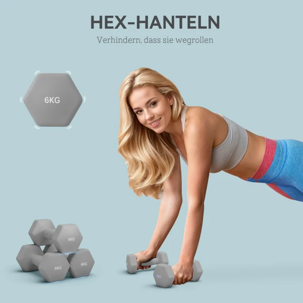 Sportnow 2 x 6 kg dumbbell set, zeshoekig ontwerp, vloervriendelijk, antislip, grijs 5