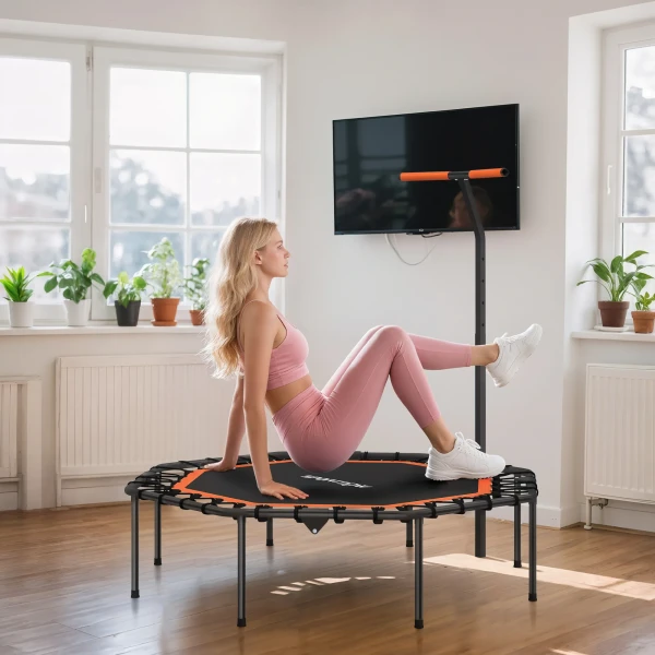 Sportnow fitness trampoline, trainingstrampoline met verstelbare handgreep, stabiel en stil, voor binnen, staal, oranje 10
